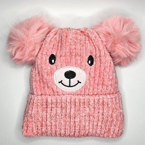 Pink Kids Teddy Bear Sherpa Lined Soft Knit Pom Pom Beanie *Warm Winter Hat